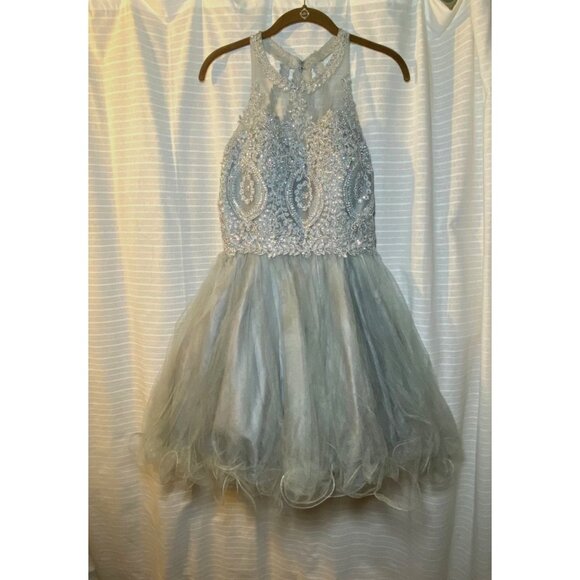 Silver Beaded Tulle Dress Halter Neckline Fairy Witchy Prom Wedding Princess - Picture 4 of 12